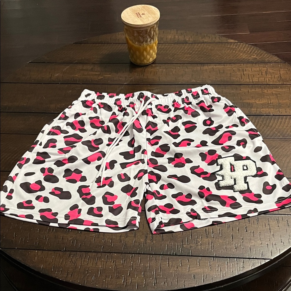Inaka Power Pink Leopard Print Drawstring Shorts with Applique Initials